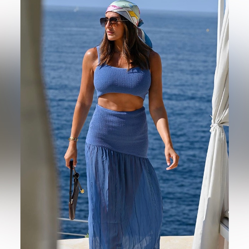 Matching 2 piece top & skirt set- blue drop waist midi skirt & stretchy knit top - Picture 5 of 13
